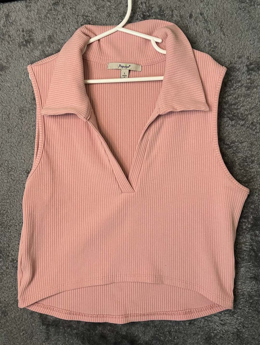 Vintage Y2K Papaya Ribbed Collared Sleeveless Crop Top Pink Girls Size L